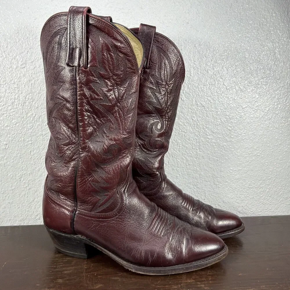Vintage Dan Post 16773 Burgundy Leather Cowboy Boots Men’s Size 9.5 D Made L USA